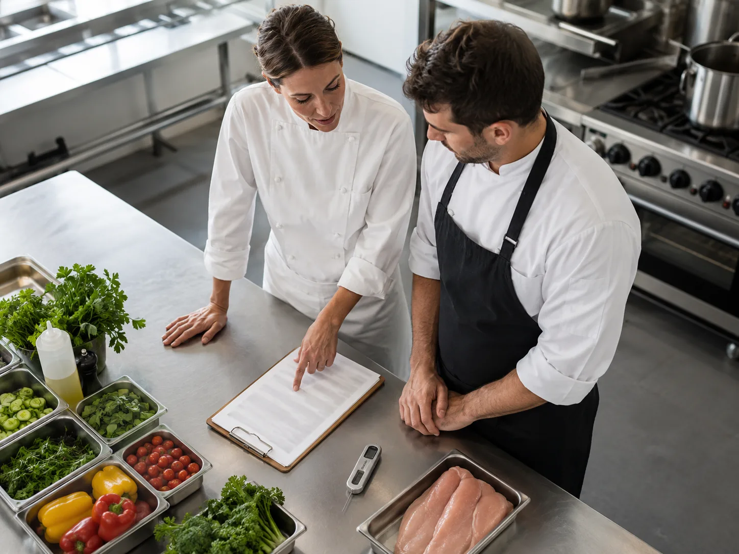 Zespół gastronomii omawiający procedury HACCP przy stole roboczym