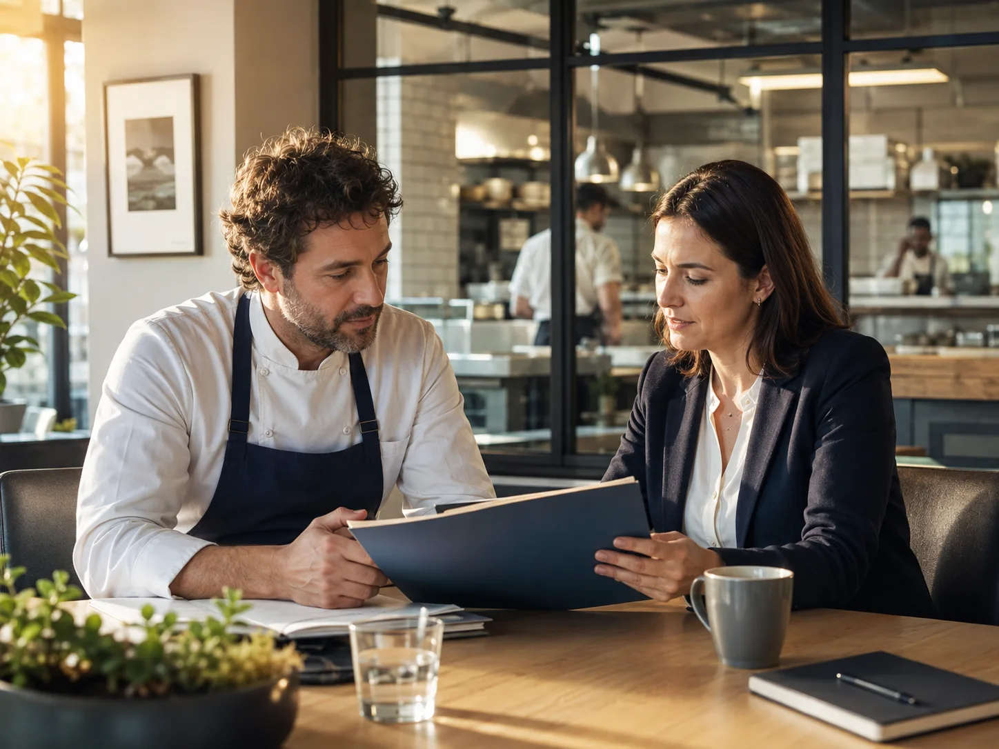 Właściciel restauracji omawiający dokumentację z doradcą