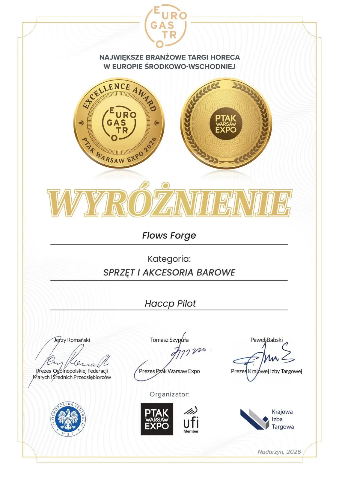 Dyplom wyróżnienia Excellence Award EuroGastro 2026 dla HACCP Pilot