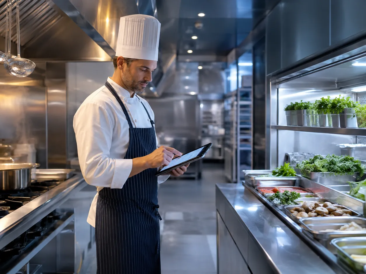 Kucharz w nowoczesnej kuchni produkcyjnej wykonuje prostą kontrolę procesu na tablecie obok stanowiska gotowania i oddzielnej strefy przygotowań do chłodzenia; składniki oraz przebieg pracy są uporządkowane.