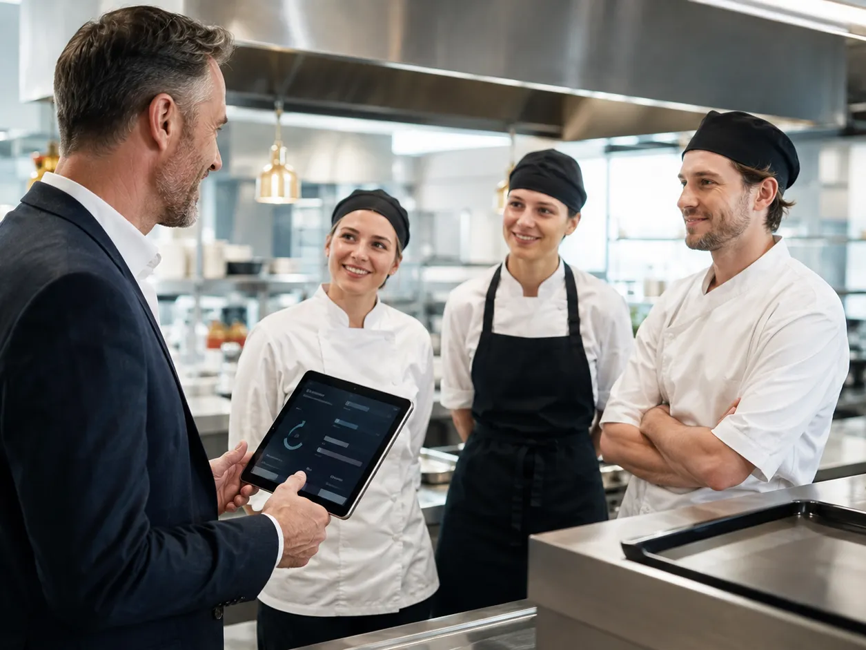 Kierownik restauracji z małym zespołem kuchennym w jasnej, higienicznej kuchni produkcyjnej spokojnie przegląda na tablecie role personelu i zbliżające się terminy badań Sanepid.